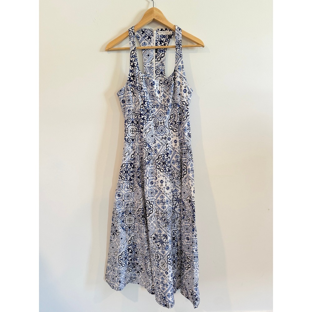 Avec Les Filles Blue White Tile Print Racerback Midi Dress Pockets Size 6